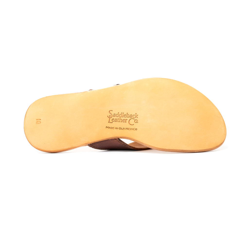 Flip Flops leather sole underside with embossed Saddleback Leather Co. logo and size stamp