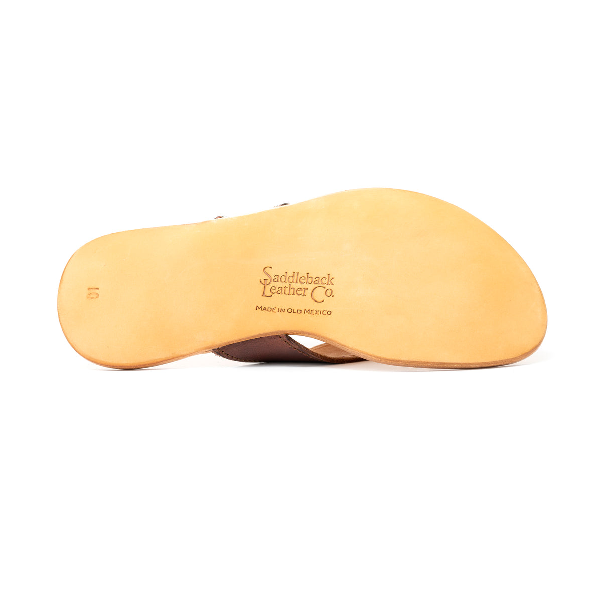 Flip Flops leather sole underside with embossed Saddleback Leather Co. logo and size stamp