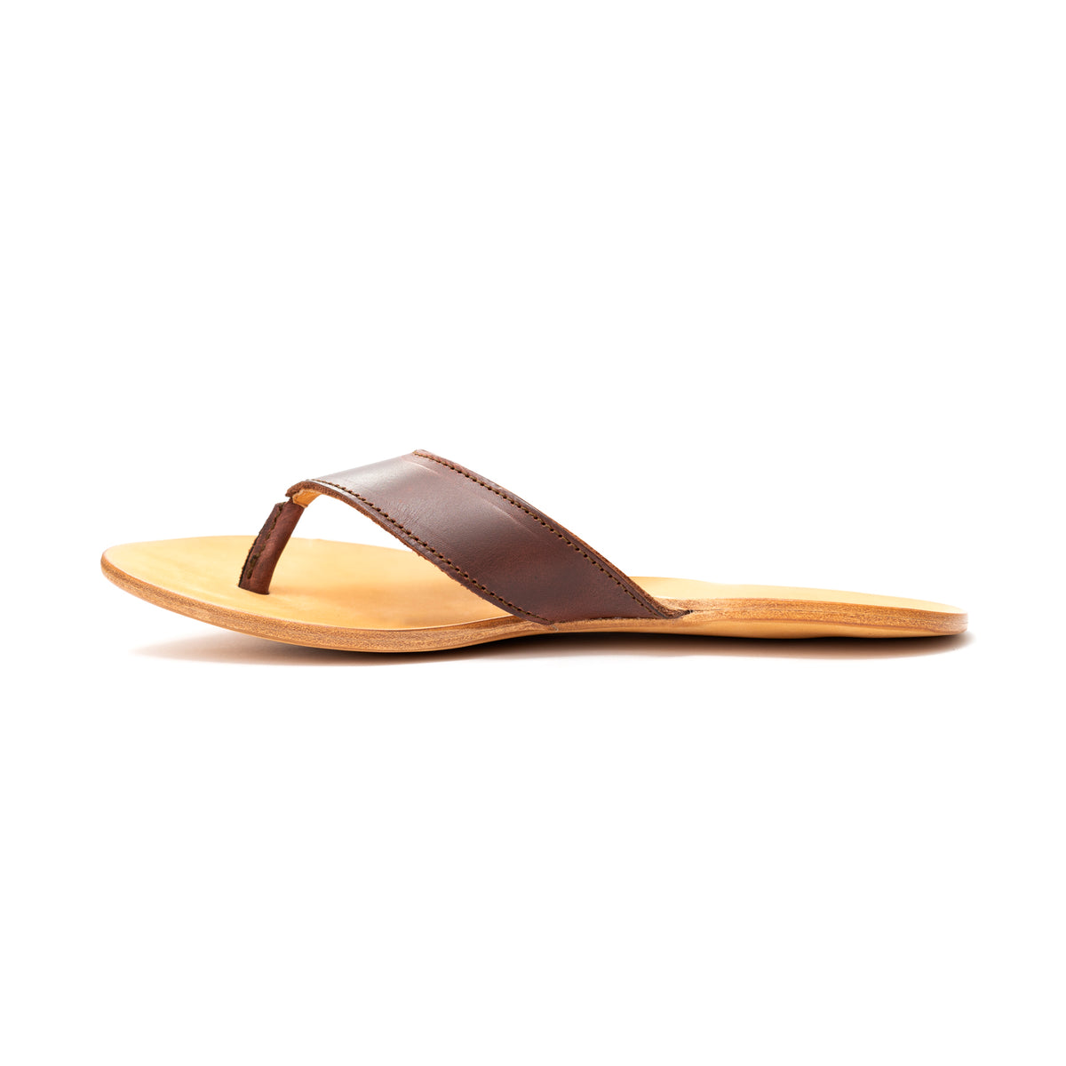 Single Flip Flop in Chestnut leather with natural footbed, side profile view