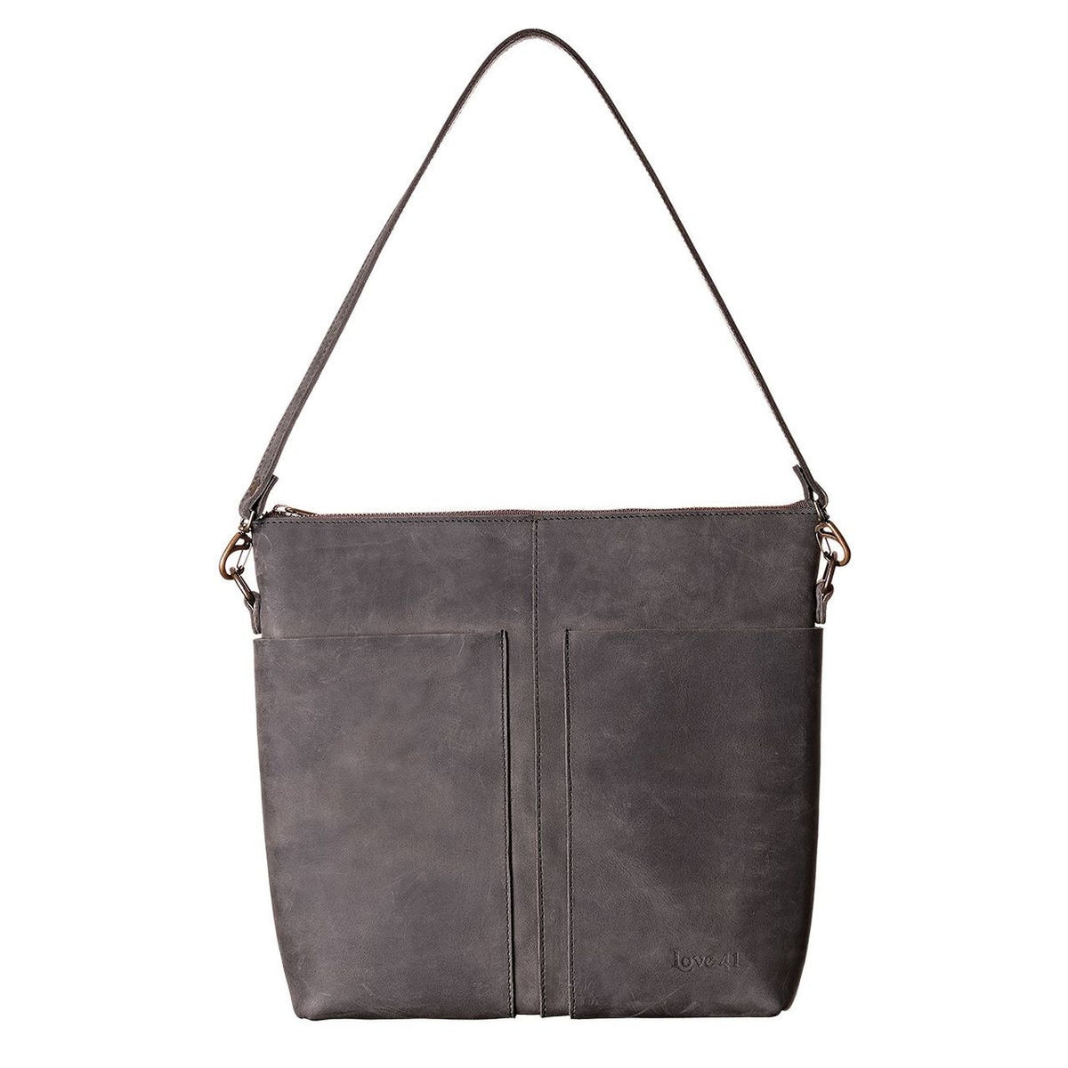 Minimal Leather Bag in charcoal gray, front view with two slip pockets and shoulder strap