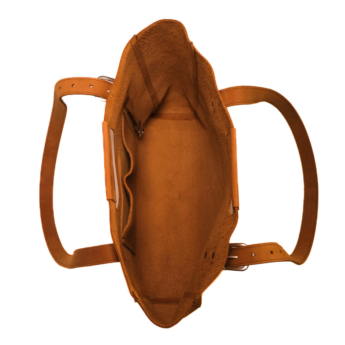 Everyday Leather Tote in Tobacco, top view open and empty showing the unlined interior and inside slip pockets