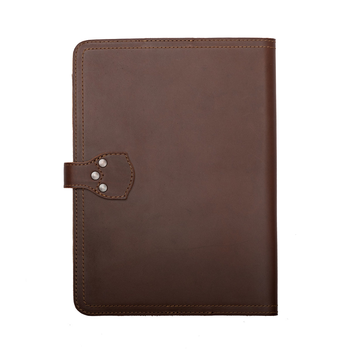 Large Leather Portfolio in Chestnut, back view showing the riveted strap anchor