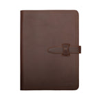Large Leather Portfolio in Chestnut, closed, straight-on front view with strap closure and embossed logo