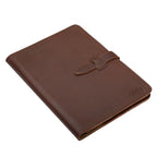 Large Leather Portfolio in Chestnut, closed, angled view showing strap closure and embossed logo