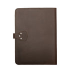 Large Leather Portfolio in Dark Coffee Brown, back view showing the riveted strap anchor