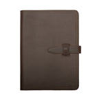 Large Leather Portfolio in Dark Coffee Brown, closed, straight-on front view with strap closure and embossed logo