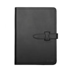 Large Leather Portfolio in Black, closed, straight-on front view with strap closure and embossed logo