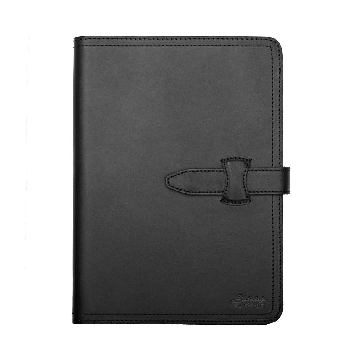 Large Leather Portfolio in Black, closed, straight-on front view with strap closure and embossed logo