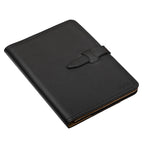 Large Leather Portfolio in Black, closed, angled view showing strap closure and embossed logo