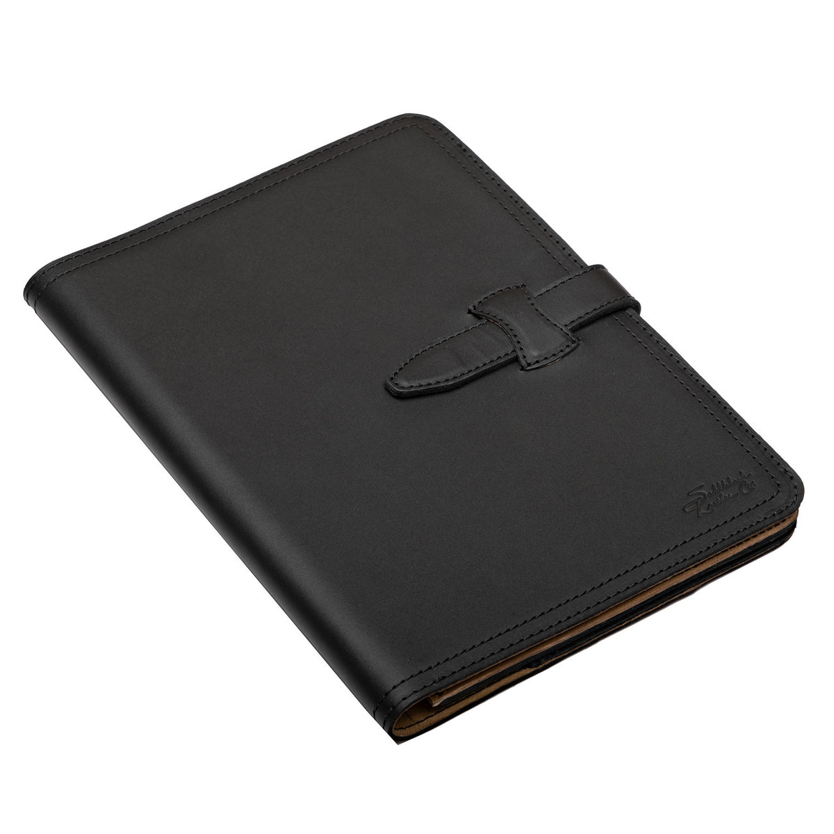 Large Leather Portfolio in Black, closed, angled view showing strap closure and embossed logo