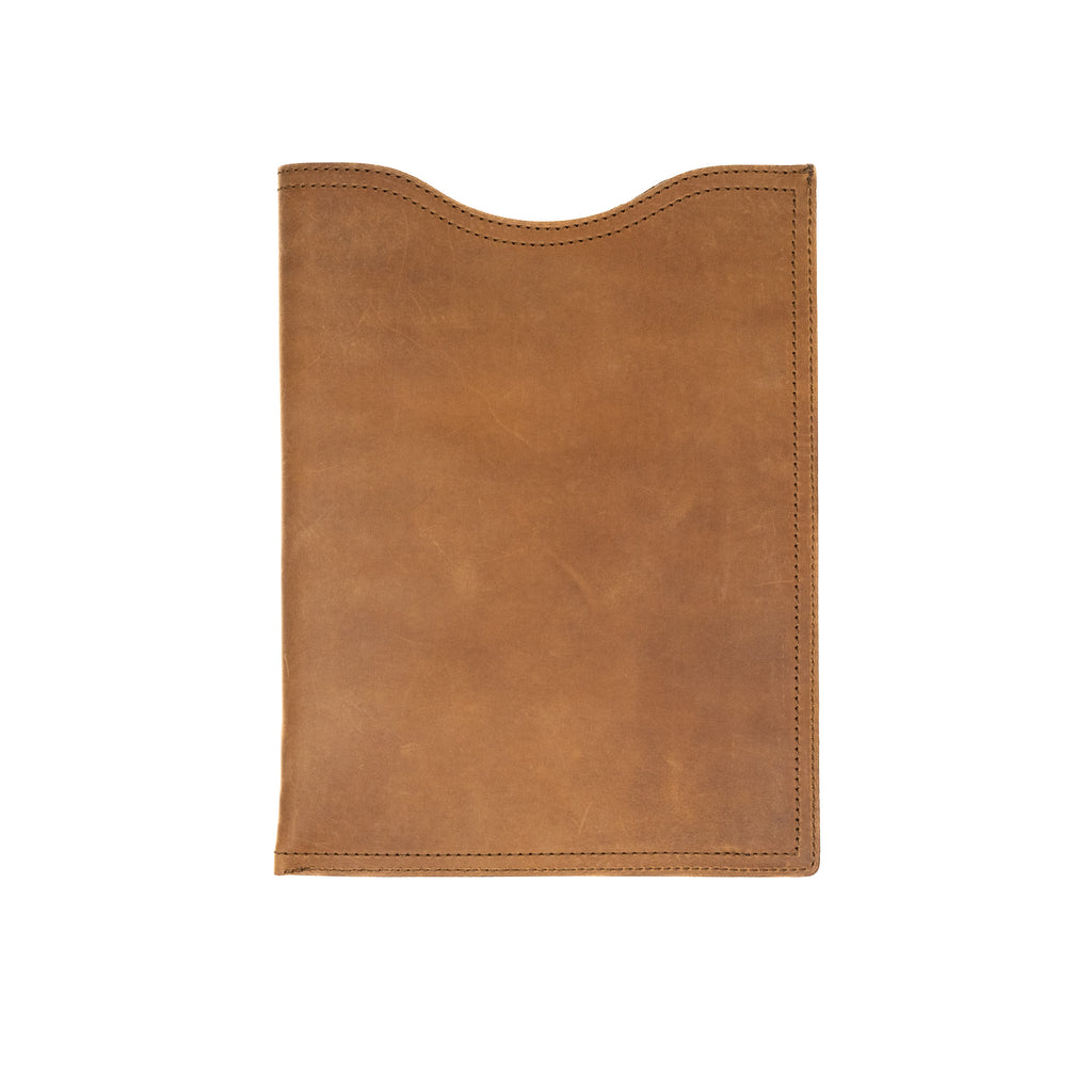 14" Vertical Laptop Sleeve in Tobacco, back view with curved top opening and stitched edges