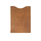 14" Vertical Laptop Sleeve in Tobacco, back view with curved top opening and stitched edges