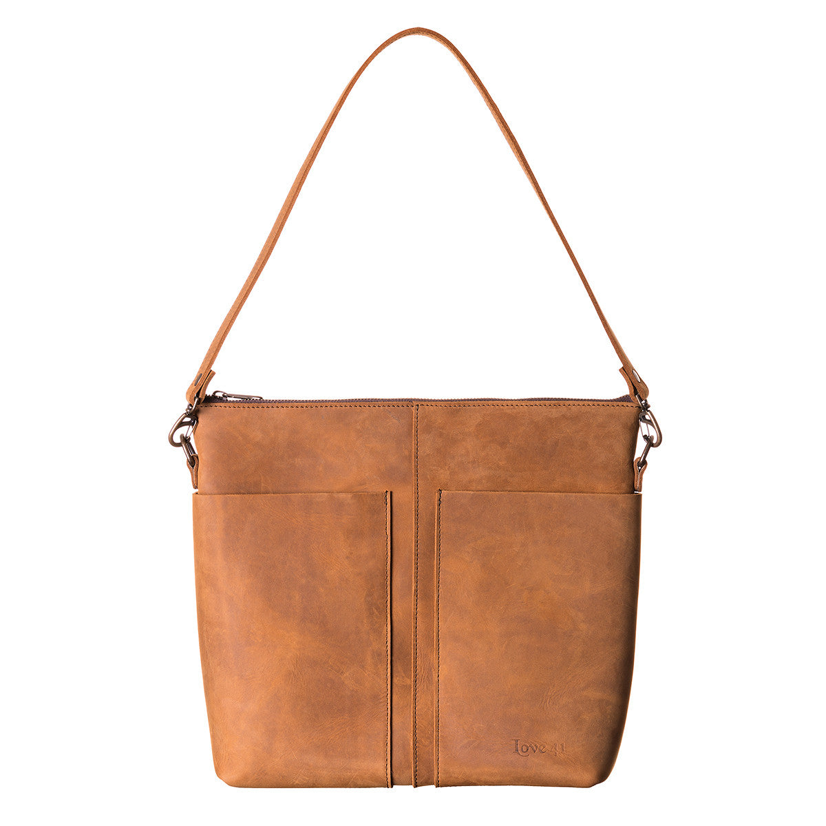 Minimal Leather Bag in cognac, front view with stamped logo, two slip pockets and shoulder strap