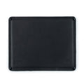 Mouse Pad in Black leather, top-down view with stitched border, corner rivets and embossed logo