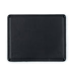 Mouse Pad in Black leather, top-down view with stitched border, corner rivets and embossed logo