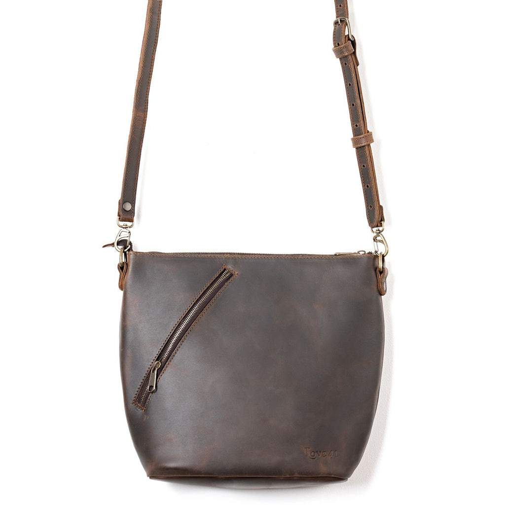 Crossbody Concealed Leather Bag in Dark Coffee Brown, front view with diagonal zipper pocket and strap