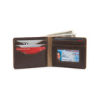 Medium Bifold Leather Wallet in Dark Coffee Brown, open view with cards, cash and ID window
