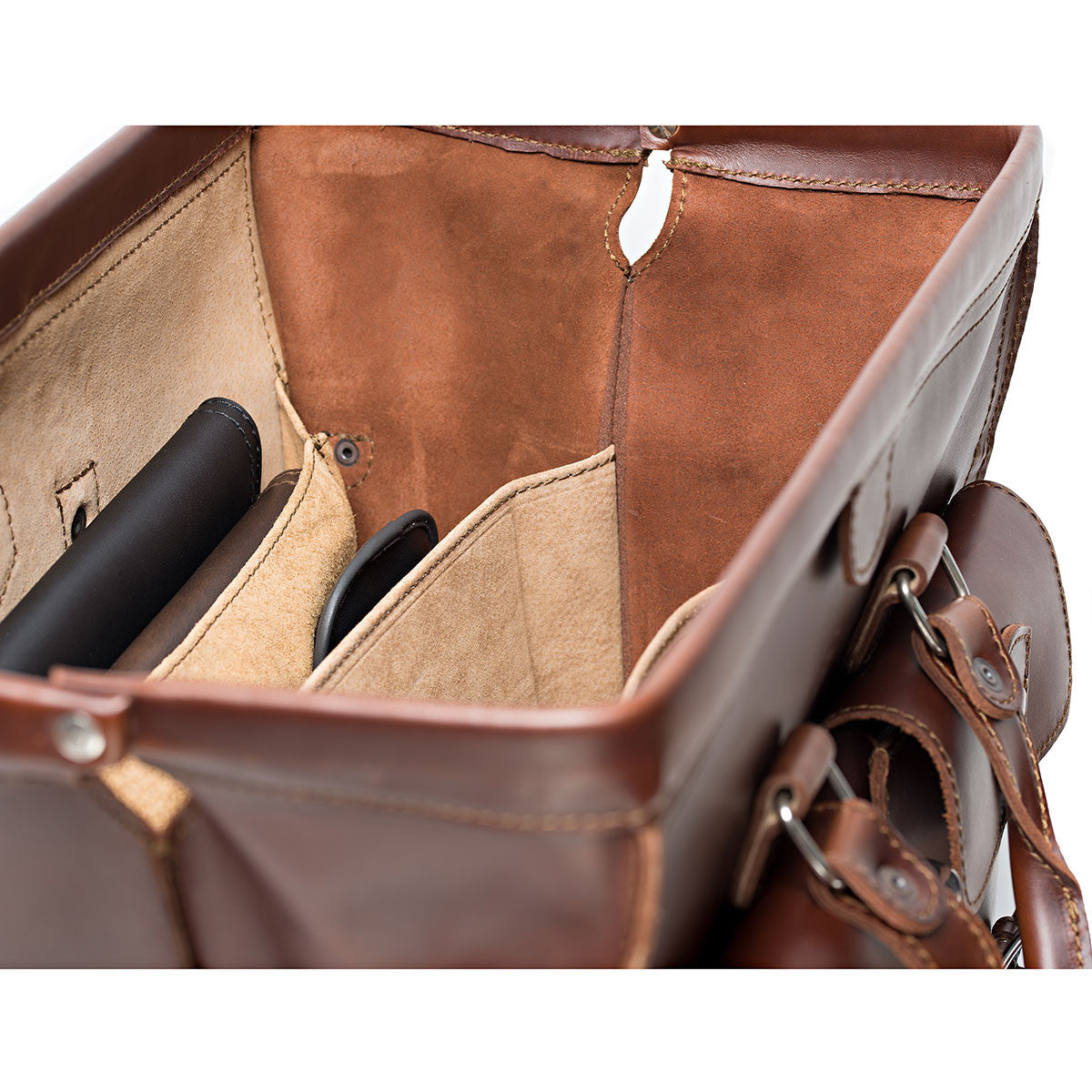 Barrister's Briefcase in Chestnut, close-up of the open top showing suede lining and interior organizer pockets