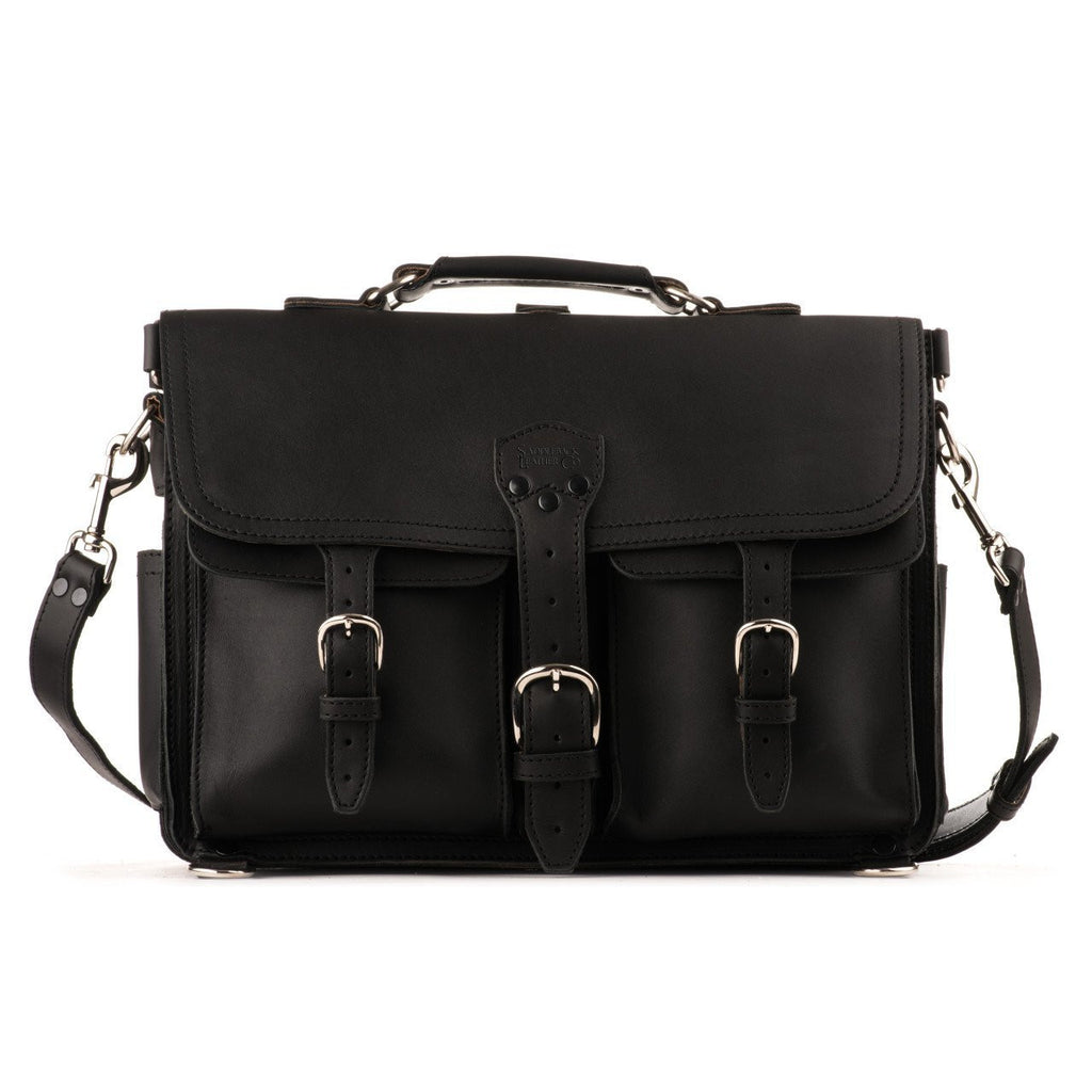 Front Pocket Leather Briefcase in Black, front view with two buckled front pockets, flap strap and shoulder strap