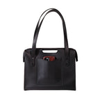 Professional Leather Tote in Black, front view with shoulder handles, cutout grip and a phone in the front pocket