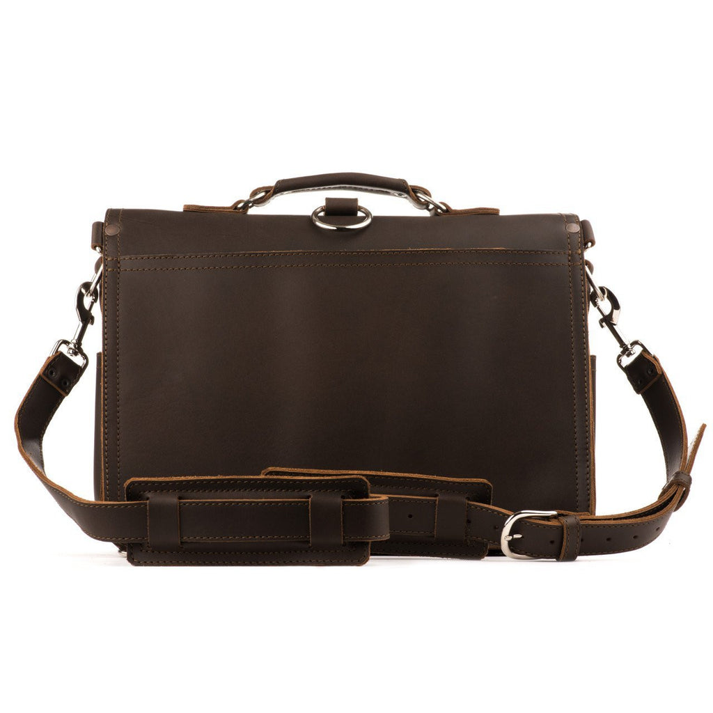 Front Pocket Leather Briefcase in Dark Coffee Brown, back view with top handle and padded shoulder strap