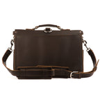 Front Pocket Leather Briefcase in Dark Coffee Brown, back view with top handle and padded shoulder strap