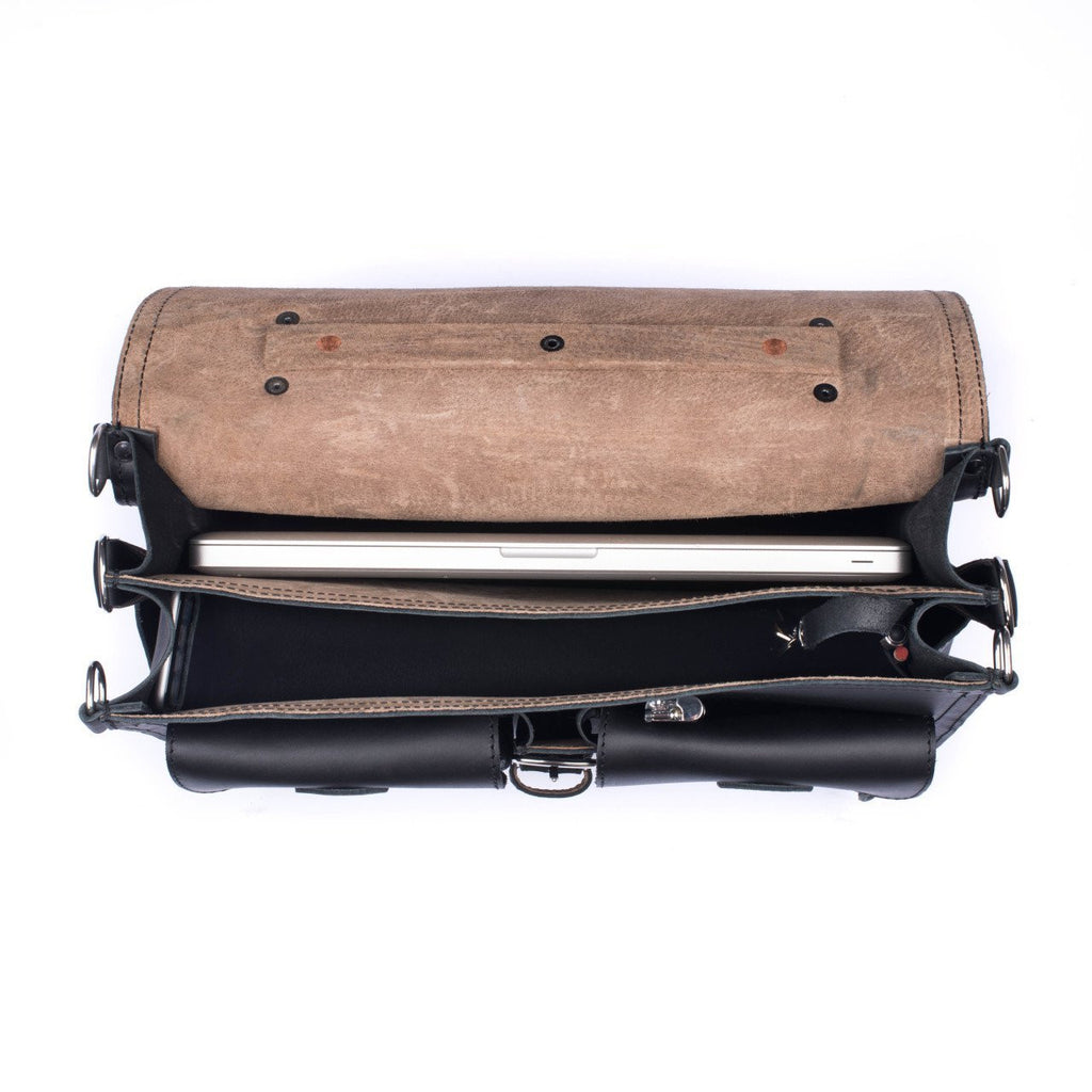 Front Pocket Leather Briefcase in Black, top view with flap open showing a laptop and interior compartments