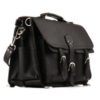 Front Pocket Leather Briefcase in Black, angled front view with buckled front pockets and side pocket