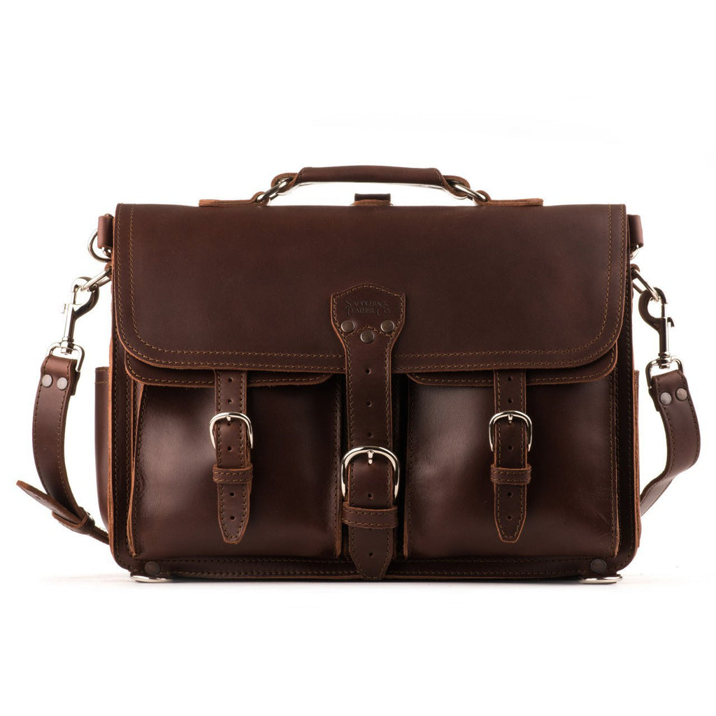 Front Pocket Leather Briefcase in Chestnut, front view with two buckled front pockets, flap strap and shoulder strap