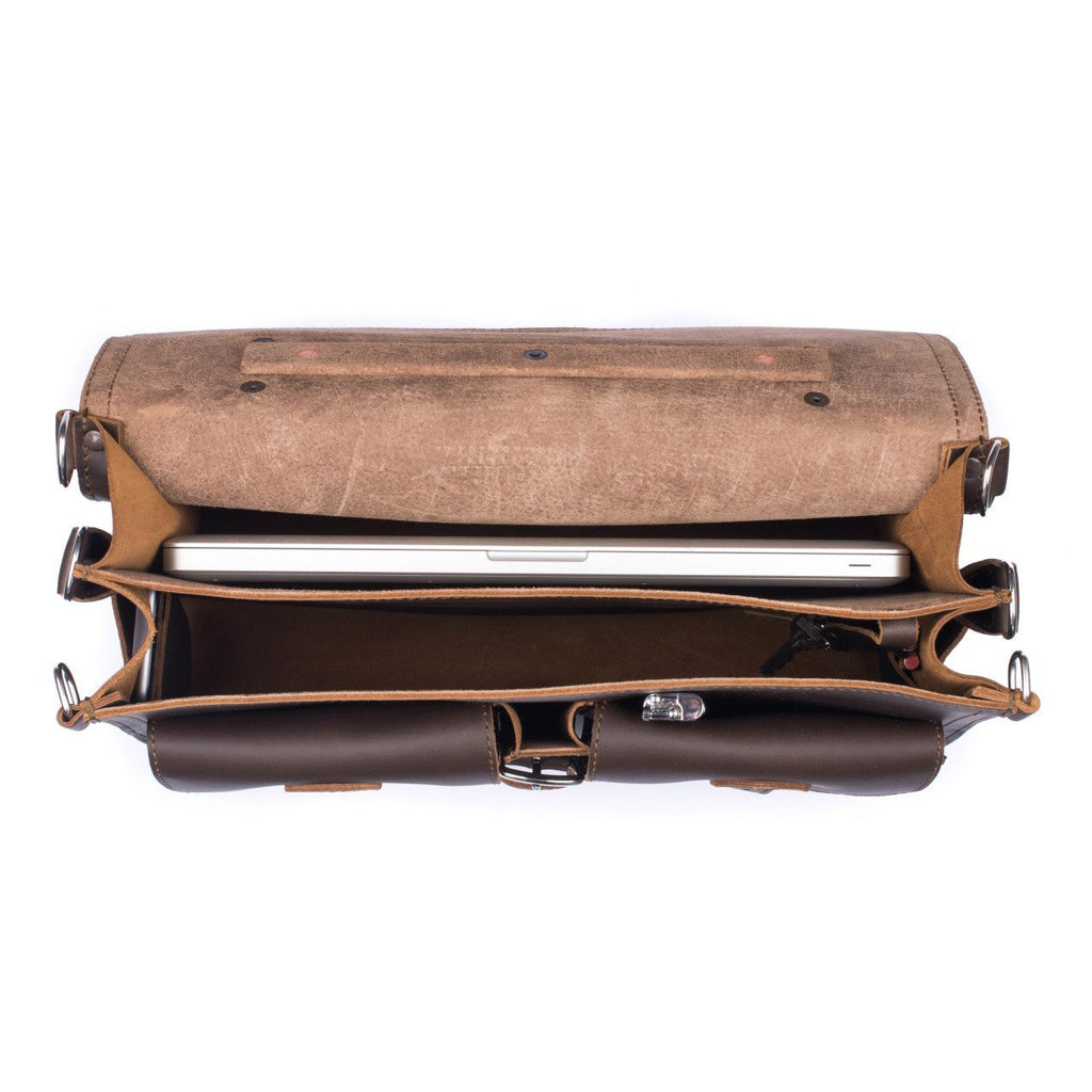 Front Pocket Leather Briefcase in Dark Coffee Brown, top view with flap open showing a laptop and interior compartments