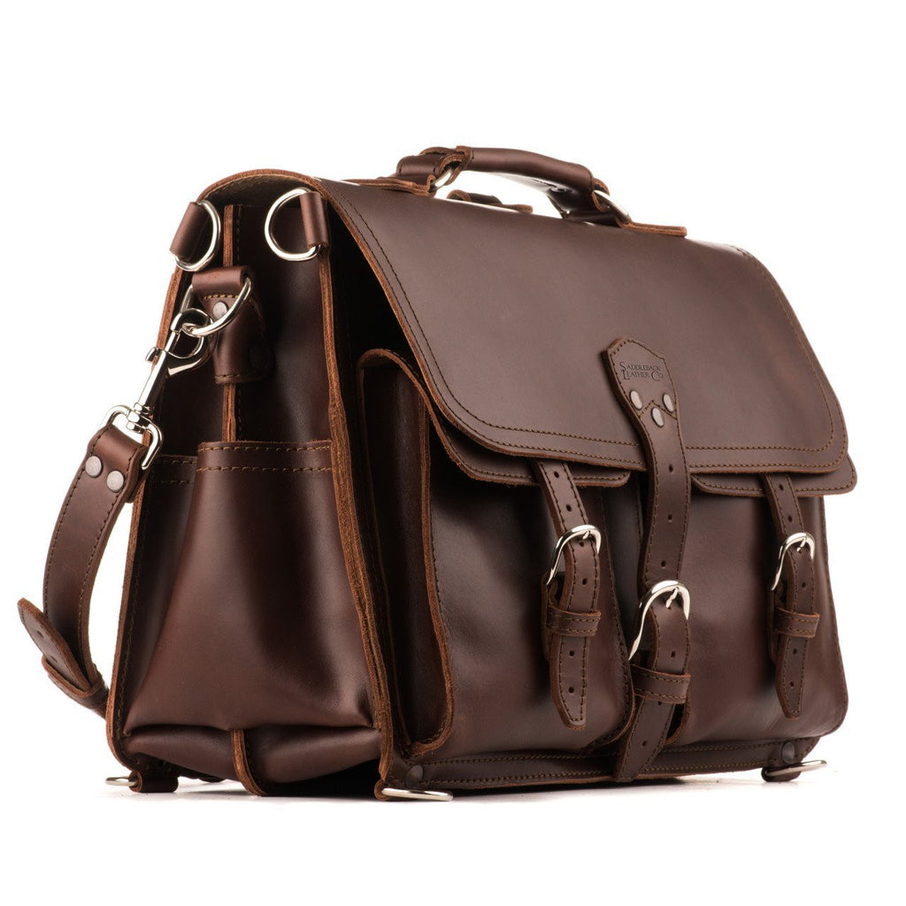 Front Pocket Leather Briefcase in Chestnut, angled front view with buckled front pockets and side pocket