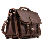 Front Pocket Leather Briefcase in Chestnut, angled front view with buckled front pockets and side pocket