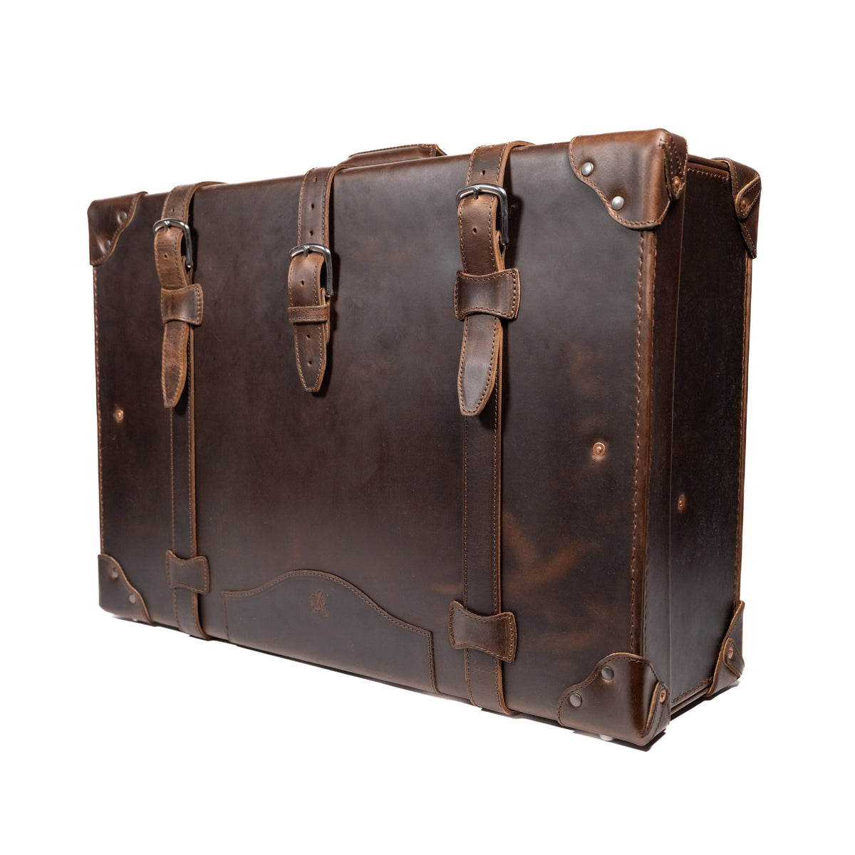 Grandfather Suitcase in Dark Coffee Brown, angled front view with buckle straps and riveted corner caps