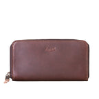 Continental Leather Wallet in Chestnut, front view with zip-around closure and embossed logo