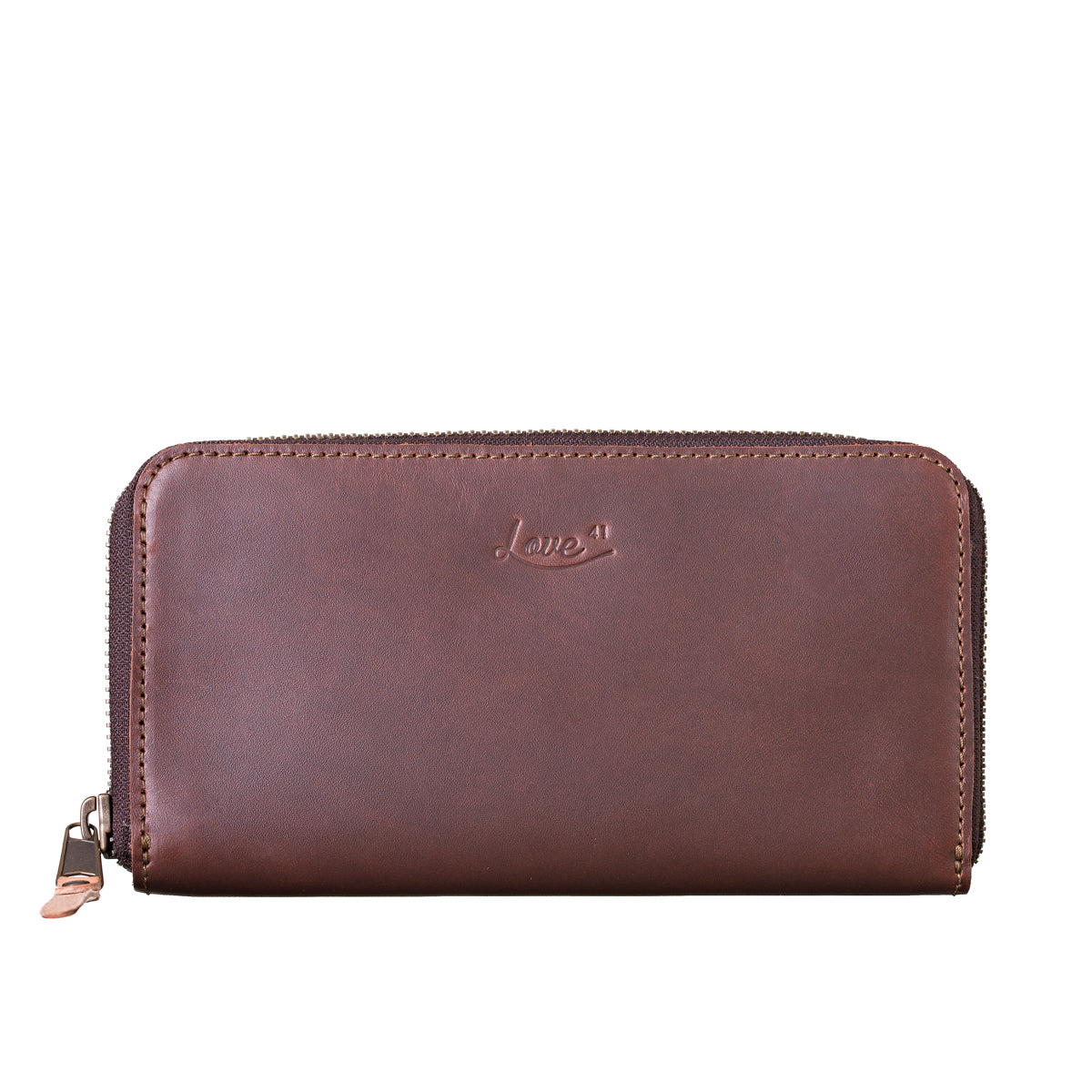 Continental Leather Wallet in Chestnut, front view with zip-around closure and embossed logo
