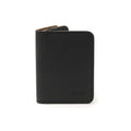 Leather Business Card Holder Wallet in Black, closed and standing upright, front view