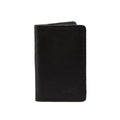 Slim Business Card Holder in Black leather, closed front view with embossed logo