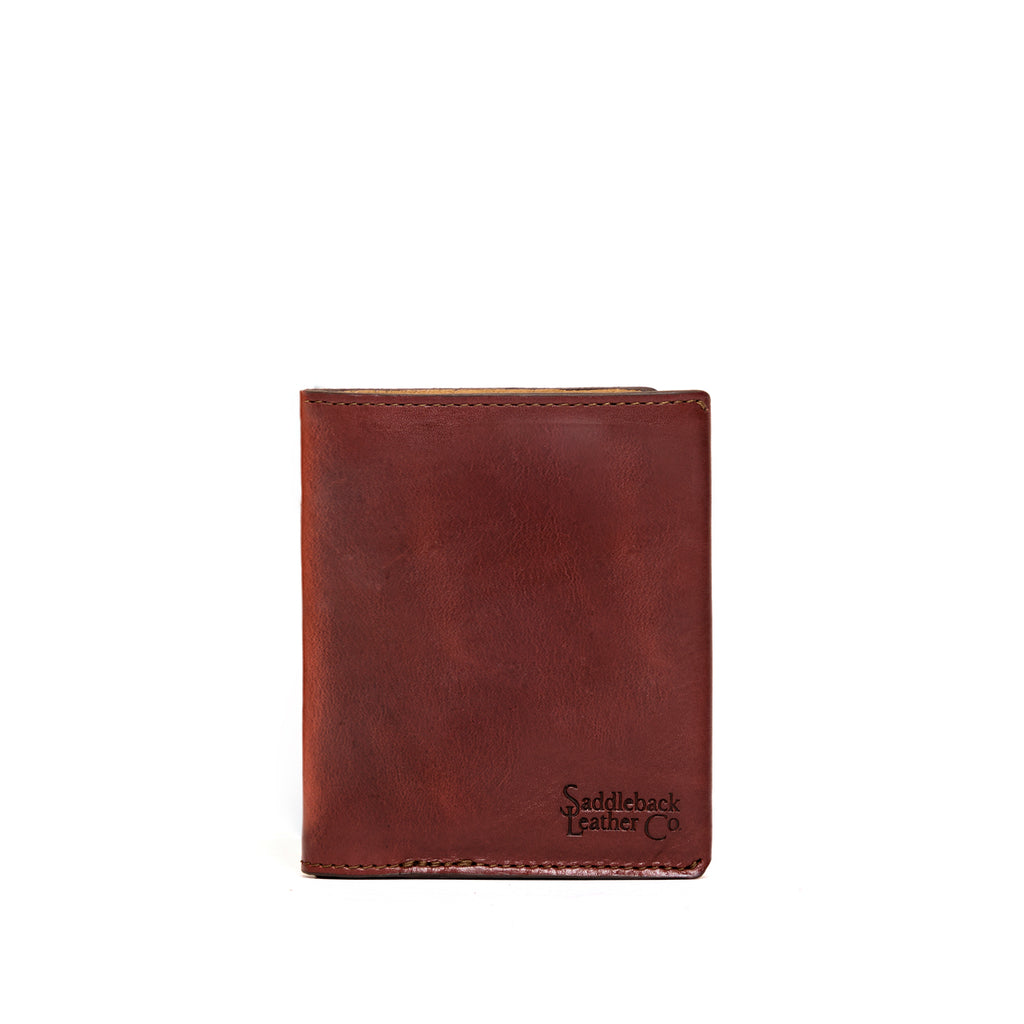 Large Bifold Wallet in reddish brown, closed front view with stitched edges and embossed logo