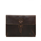 16" Document Holder in Dark Coffee Brown, front view with riveted strap closure and embossed logo
