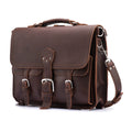 Thin Front Pocket Leather Briefcase in Chestnut, angled front view with two buckled front pockets and shoulder strap