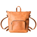 Universal Leather Backpack in Tobacco, front view with zippered front pocket and top handle