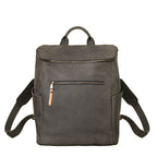 All in One Leather Backpack in Black, front view with zippered front pocket and side pockets