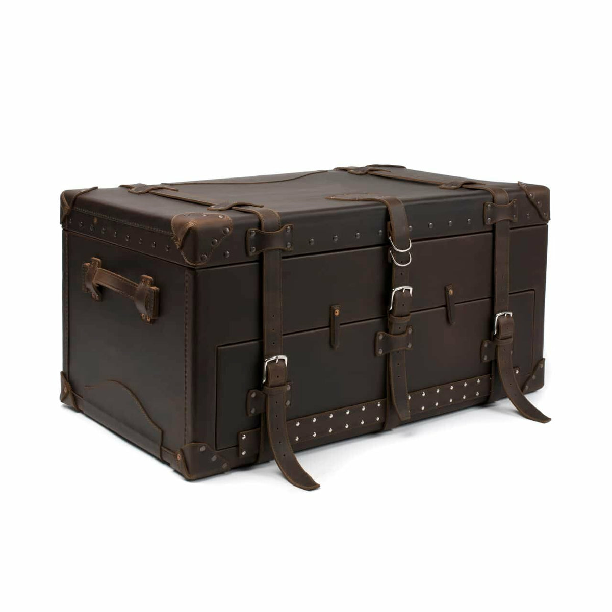 Leather Trunk in Dark Coffee Brown, closed angled view with buckled straps, side handle and studded trim