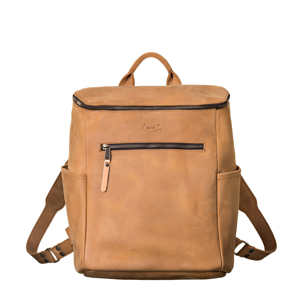 All in One Leather Backpack in Tobacco, front view with zippered front pocket and side pockets