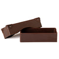 Grandfather Eyeglass Case in Chestnut leather, open with lid lifted off the box-shaped base