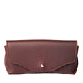 Leather Sunglass Case in Chestnut, closed front view with flap, snap closure and embossed logo