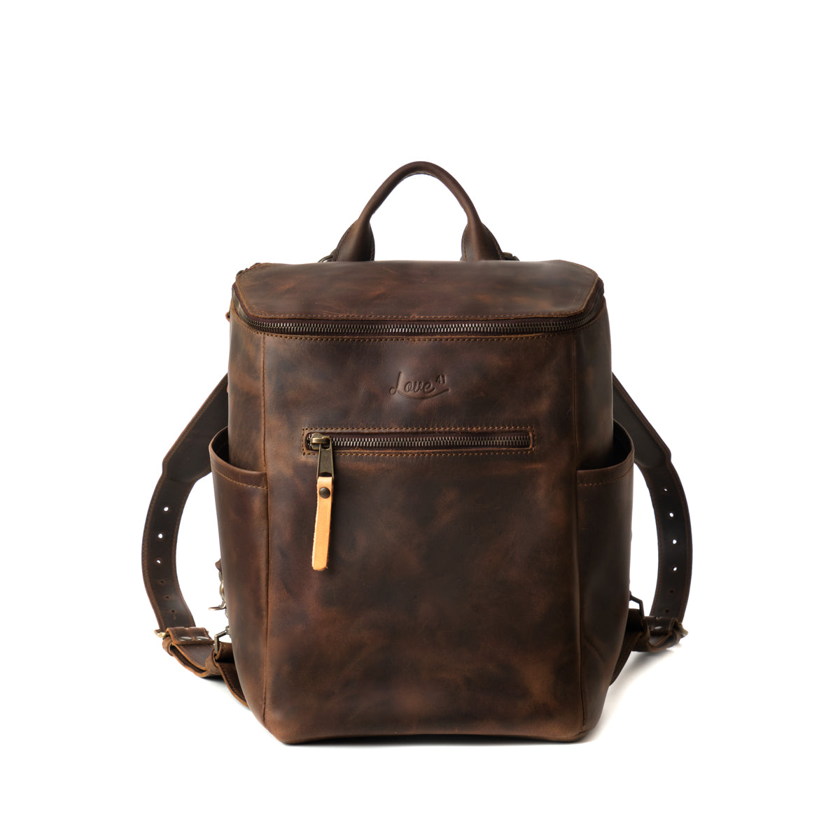All in One Backpack Medium in Dark Coffee Brown, front view with zippered front pocket and top handle