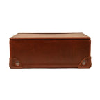 Leather Desk Box in Chestnut, closed lid with riveted leather corner guards, front view