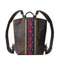 Lanita Leather Backpack in charcoal gray, front view with blue and red woven panel, studs and top handle