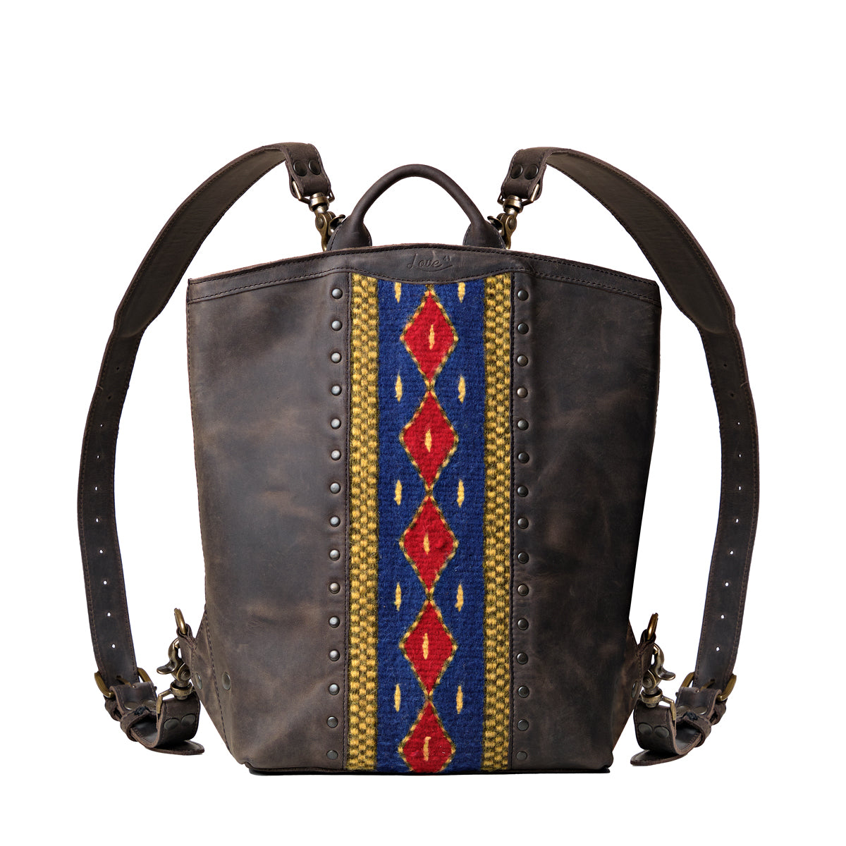Lanita Leather Backpack in charcoal gray, front view with blue and red woven panel, studs and top handle